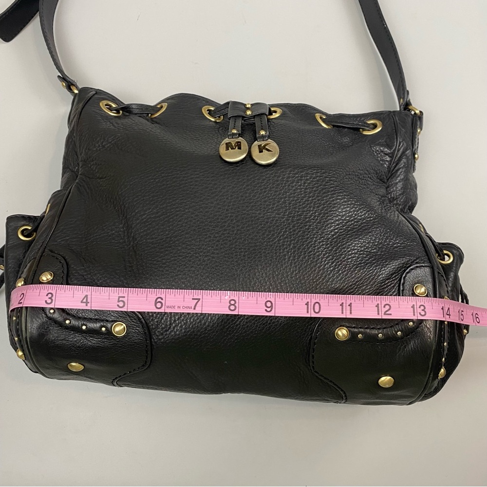 Michael Kors Black Leather Shoulder Bag with Gold Accents Gold MK Charm Studs - Picture 11 of 16
